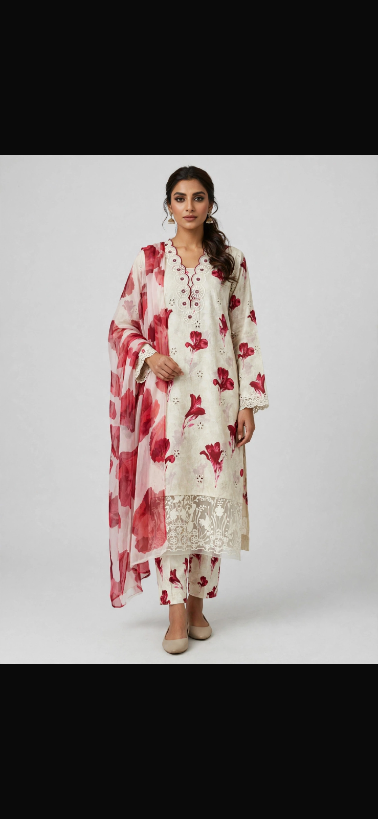 White Chikankari Lawn 3 Piece Suit (Chicken Kari) with Chiffon Dupatta — photo 1